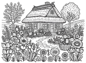 Preview of Free printable page of a garden in front of a cottage